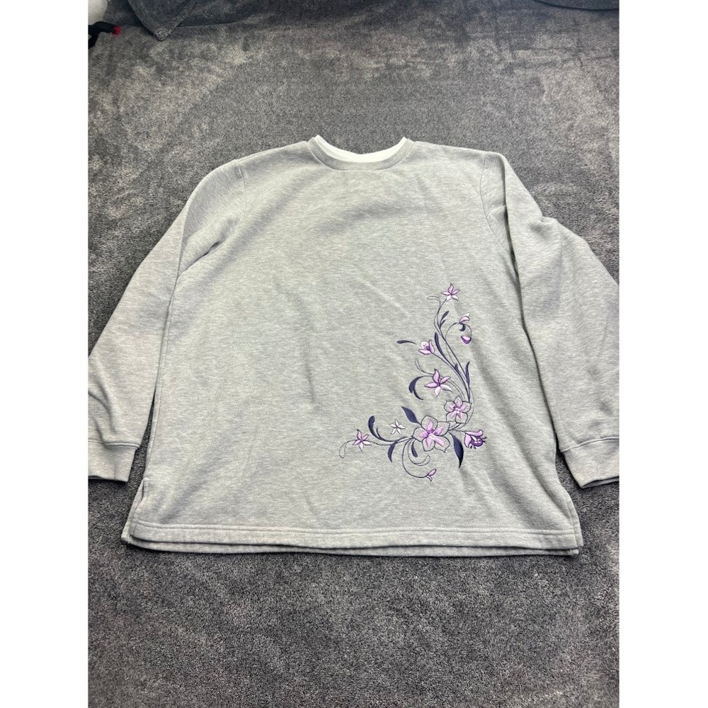 Blair Womens Large Grey Floral Embroidered Crewneck Sweatshirt Fleece Lined LGE